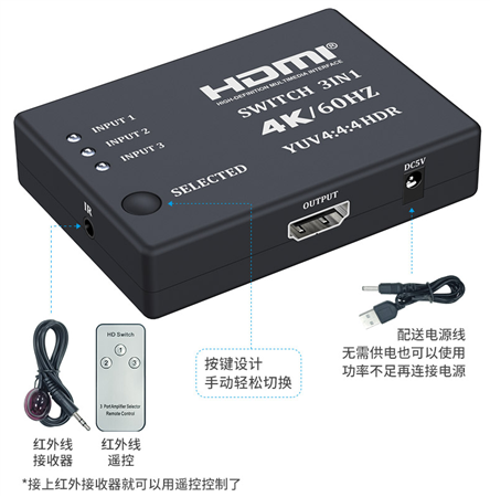 SELECTOR HDMI  3x1 4Kx2K C/REMOTO PURESONIC